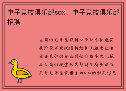 电子竞技俱乐部sox、电子竞技俱乐部招聘